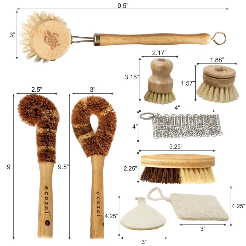 Set de cepillos de cocina Ecozoi, cepillo para platos zero waste, de origen vegetal, multiusos, 9 piezas