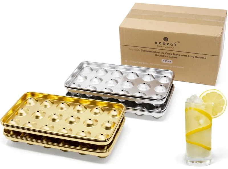 Ecozoi Stainless Steel 72 Small Round Ice Cube Trays, Stackable, 4 Pack, 8 in x 4 in x 1 in