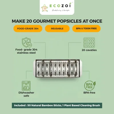 Ecozoi Stainless Steel Popsicle Molds with Sticks, Reusable, Bamboo, 50 Count, 20 Square