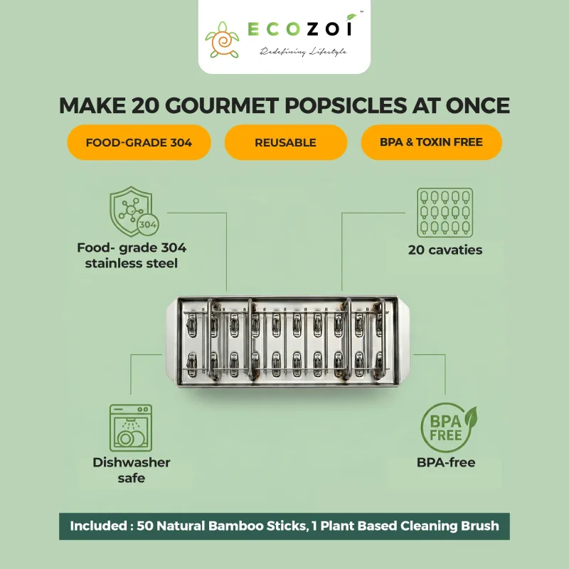 Ecozoi Stainless Steel Popsicle Molds with Sticks, Reusable, Bamboo, 50 Count, 20 Square