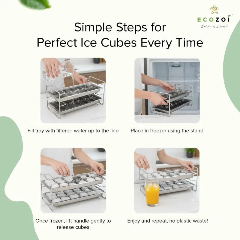 Ecozoi Old Fashioned Ice Cube Trays with Easy Release Handle, 2 Pack with Rack, Stainless Steel