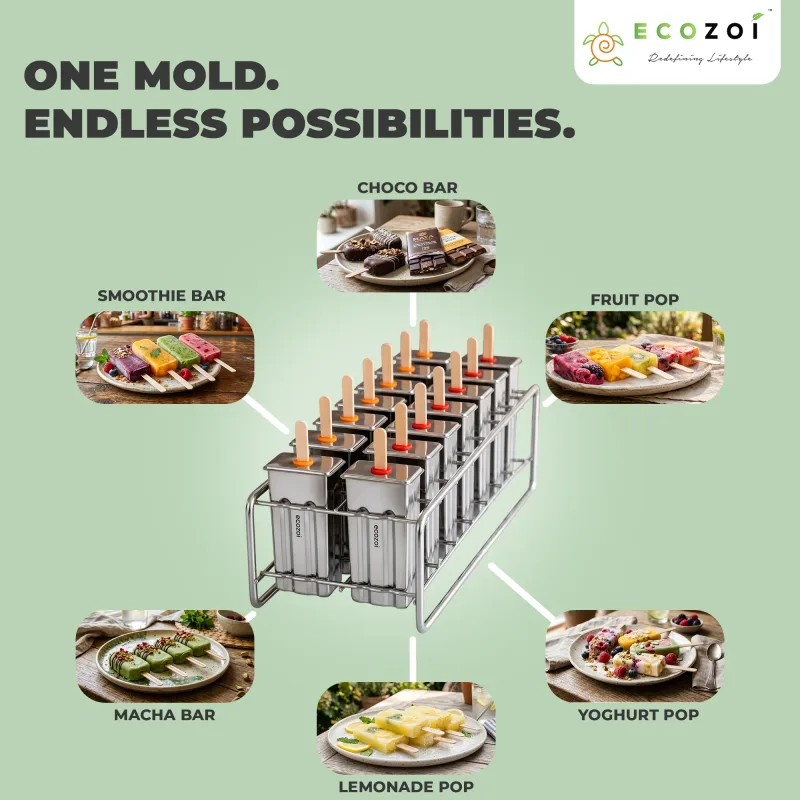 Ecozoi Stainless Steel Popsicle Molds, 14 Piece Set with Standing Rack, 50 Bamboo Sticks, 28 Silicone Seals, Cleaning Brush, 3 Ounce
