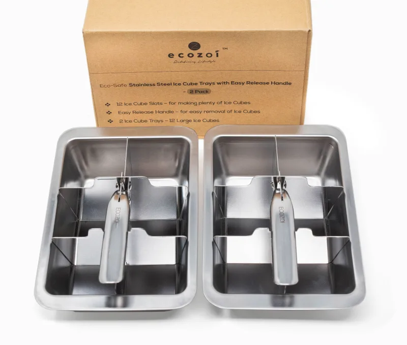 Ecozoi Stainless Steel Ice Trays for Freezer, 12 Large Cubes with Easy Release, 2 Pack