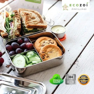 Edelstahl 2-stöckige auslaufsichere Bento-Lunchbox, 3 Fächer, 60 oz