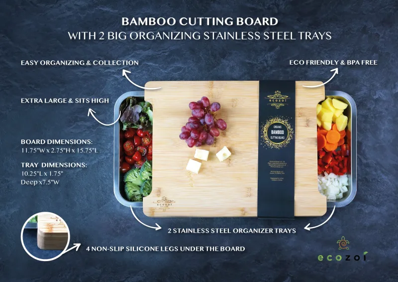Ecozoi Wooden Cutting Boards for Kitchen, Bamboo Cutting Board with 2 Organizing Stainless Steel Trays, Beige