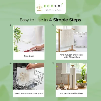 Ecozoi Bamboe Keukenpapier, Herbruikbare Papieren Handdoekjes & Rollen, Boomvrij, 4-Pack