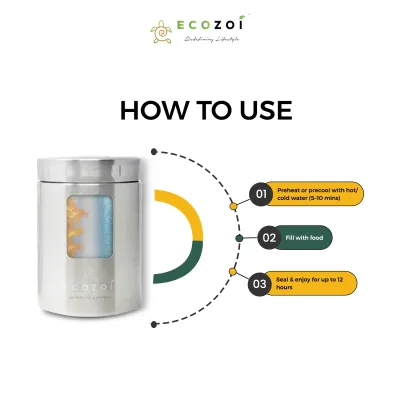 Ecozoi Stainless Steel Thermos Food Jar, Insulated Container with Spork and Lunch Bag, 12 oz