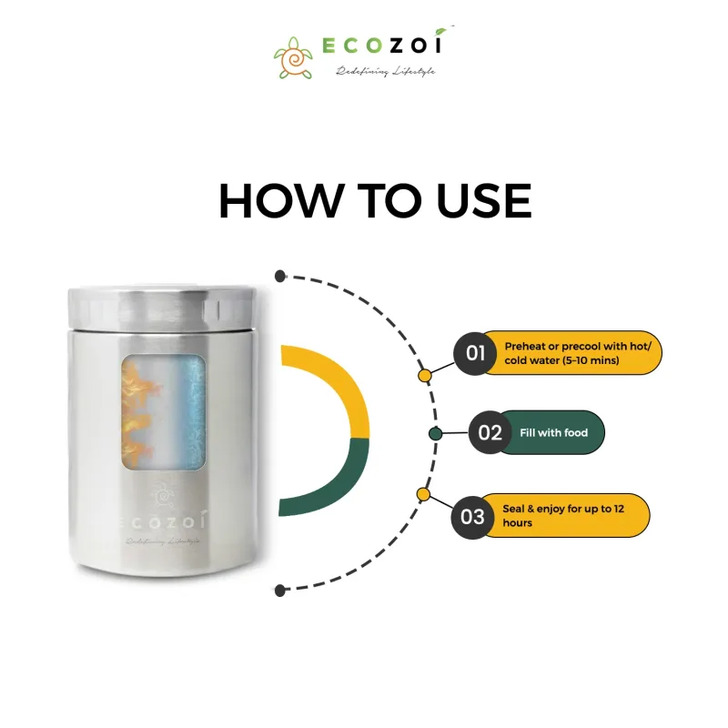 Ecozoi Stainless Steel Thermos Food Jar, Insulated Container with Spork and Lunch Bag, 12 oz