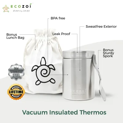 Ecozoi Stainless Steel Thermos Food Jar, Insulated Container with Spork and Lunch Bag, 12 oz