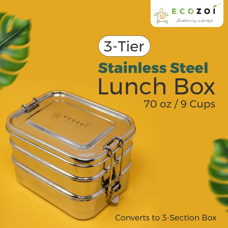 Ecozoi Stainless Steel Bento Lunch Box for Kids and Adults, 3 Compartment, 3 Tier Leak Proof, 75 oz