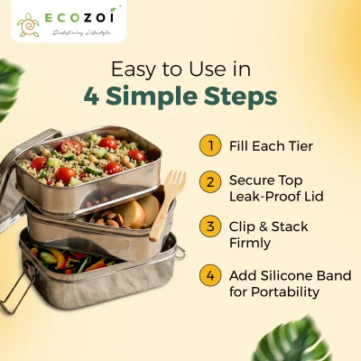 Fiambrera bento de acero inoxidable Ecozoi para niños y adultos, 3 compartimentos, 3 niveles a prueba de fugas, 75 oz