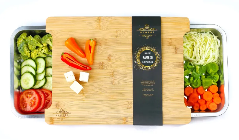Ecozoi Wooden Cutting Boards for Kitchen, Bamboo Cutting Board with 2 Organizing Stainless Steel Trays, Beige