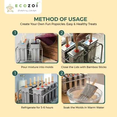 Ecozoi Stainless Steel Popsicle Molds with Sticks, Reusable, Bamboo, 50 Count, 10 Square