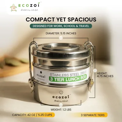 Fiambrera de acero inoxidable Ecozoi para colegio y oficina, redonda de 3 niveles con tenedor-cuchara, a prueba de fugas, 40 oz