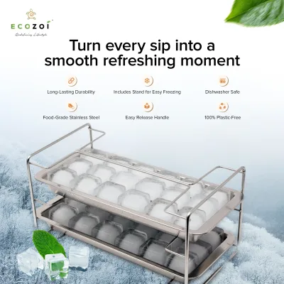 Stainless Steel Ice Cube Trays, Size Cubes with Easy Release Handle, 4 Pack, 72 Ice Cubes - UPC 860013630522 Standard