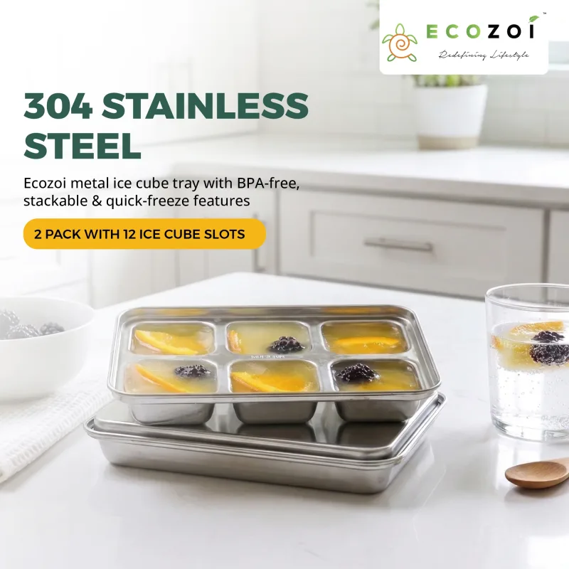 Ecozoi Stainless Steel Ice Trays for Freezer, Rectangular Shape 12 Large Cubes with Lid, 2 Pack
