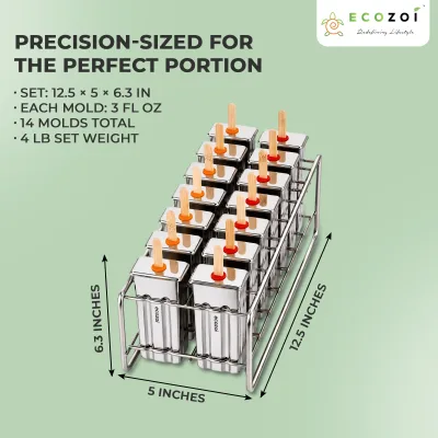 Ecozoi Stainless Steel Popsicle Molds, 14 Piece Set with Standing Rack, 50 Bamboo Sticks, 28 Silicone Seals, Cleaning Brush, 3 Ounce