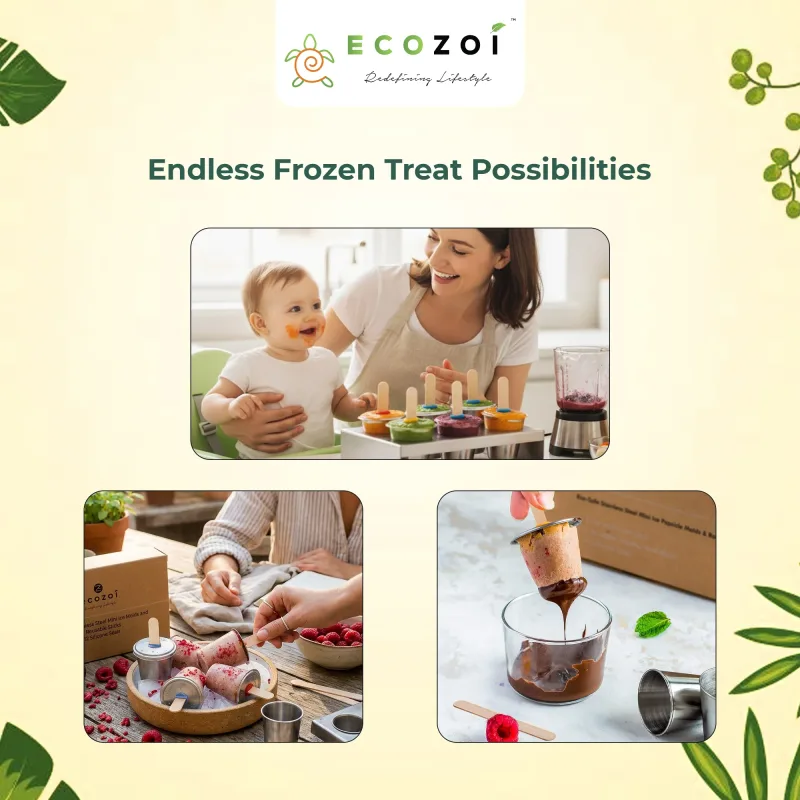 Ecozoi Stainless Steel Ice Pop Molds, 6 Mini Rounds withReusable Bamboo Sticks