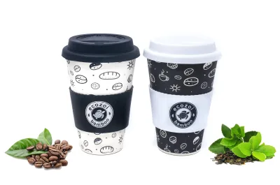 Reusable Bamboo Coffee Cups with Silicon Lid and sleeve, 16 oz, Set of 2
