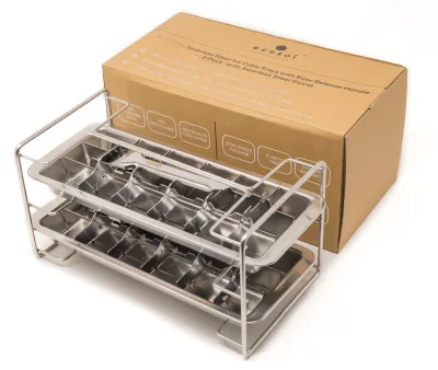 Ecozoi Old Fashioned Ice Cube Trays with Easy Release Handle, 2 Pack with Rack, Stainless Steel