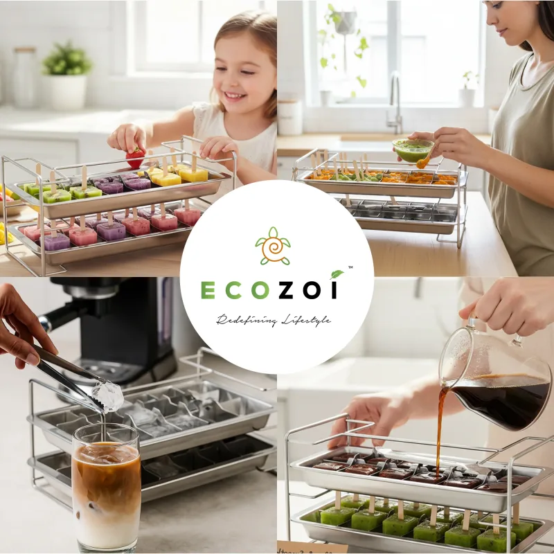 Stainless Steel Ice Cube Trays, Size Cubes with Easy Release Handle, 4 Pack, 72 Ice Cubes - UPC 860013630522 Standard