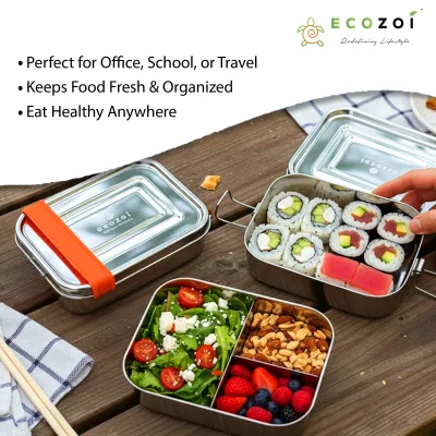 Edelstahl 2-stöckige auslaufsichere Bento-Lunchbox, 3 Fächer, 60 oz