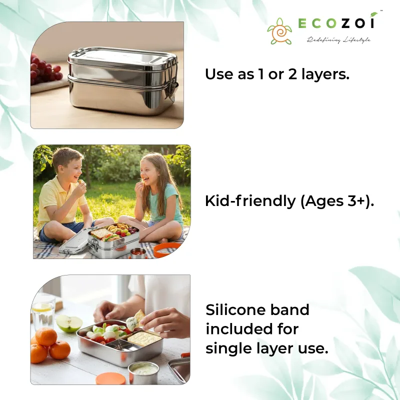 Edelstahl 2-stöckige auslaufsichere Bento-Lunchbox, 3 Fächer, 60 oz