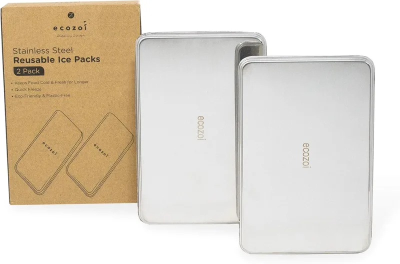 Ecozoi Stainless Steel Ice Packs for Lunch Boxes, Freezer Packs, Reusable, 2 Pack