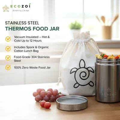 Ecozoi Stainless Steel Thermos Food Jar, Insulated Container with Spork and Lunch Bag, 17 oz