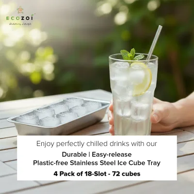 Ecozoi Old Fashioned Ice Cube Trays with Easy Release Handle, 2 Pack with Rack, Stainless Steel