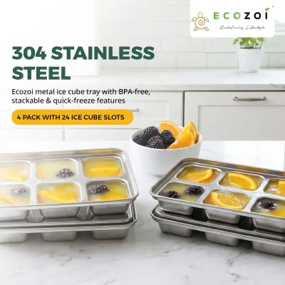 Stainless Steel Ice Cube Trays, with Lids, 4 Pack, 24 Large Ice Cubes