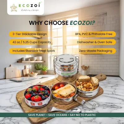 Fiambrera de acero inoxidable Ecozoi para colegio y oficina, redonda de 3 niveles con tenedor-cuchara, a prueba de fugas, 40 oz