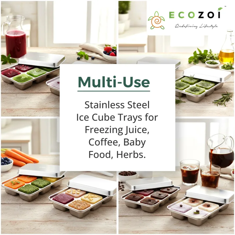 Ecozoi Stainless Steel Ice Trays for Freezer, Rectangular Shape 12 Large Cubes with Lid, 2 Pack