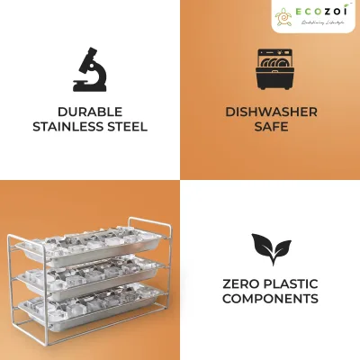Ecozoi Old Fashioned Ice Cube Trays with Easy Release Handle, 3 Pack with Rack, Stainless Steel