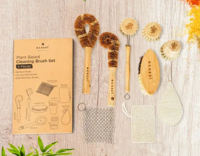 Set de cepillos de cocina Ecozoi, cepillo para platos zero waste, de origen vegetal, multiusos, 9 piezas