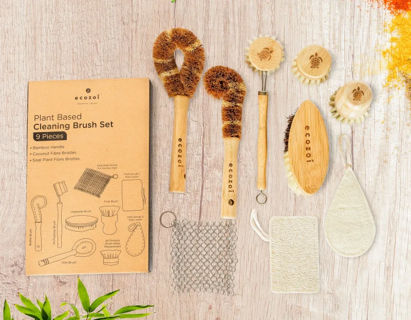 Set de cepillos de cocina Ecozoi, cepillo para platos zero waste, de origen vegetal, multiusos, 9 piezas