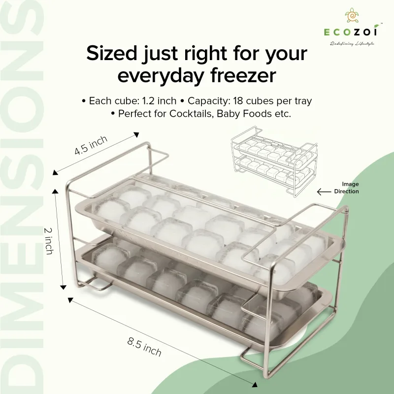 Ecozoi Old Fashioned Ice Cube Trays with Easy Release Handle, 2 Pack with Rack, Stainless Steel