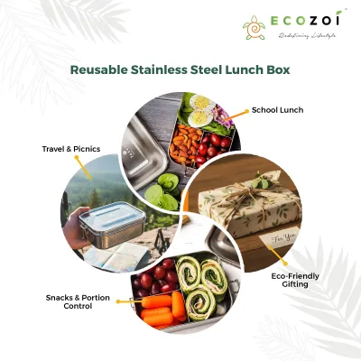 Ecozoi Stainless Steel Bento Lunch Box, 3 Compartment Tiffin Containers, Leakproof, 50 Oz