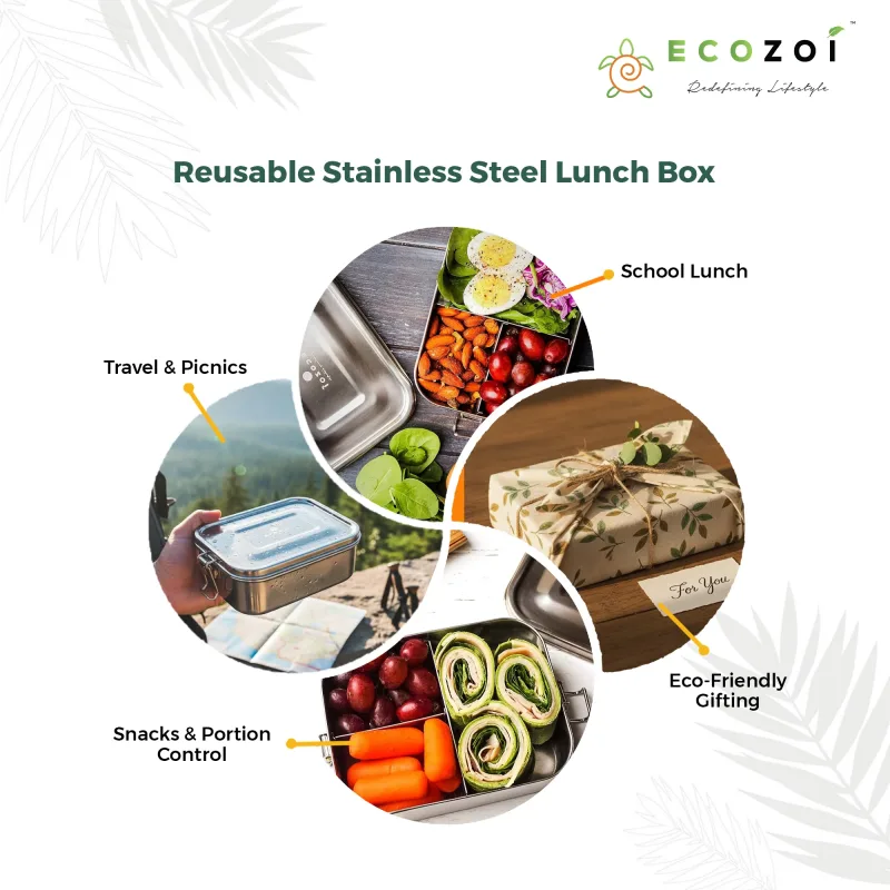 Ecozoi Stainless Steel Bento Lunch Box, 3 Compartment Tiffin Containers, Leakproof, 50 Oz