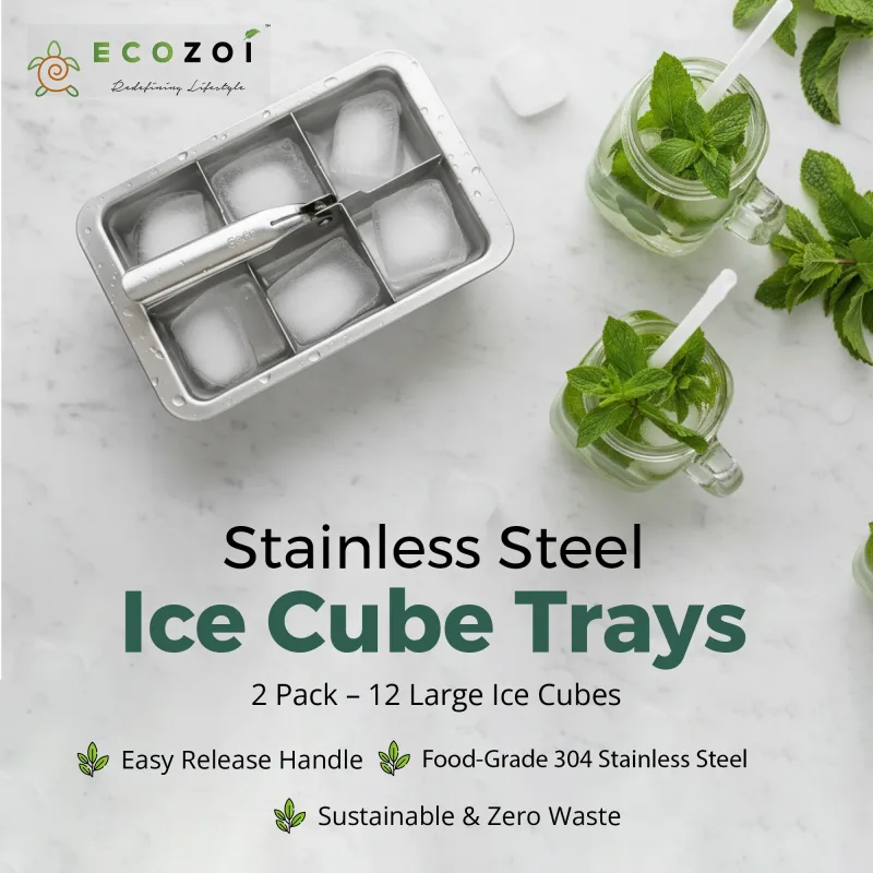 Ecozoi Stainless Steel Ice Trays for Freezer, 12 Large Cubes with Easy Release, 2 Pack