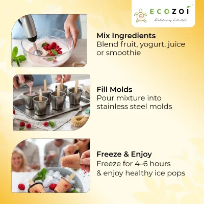Ecozoi Stainless Steel Ice Pop Molds, 6 Mini Rounds withReusable Bamboo Sticks
