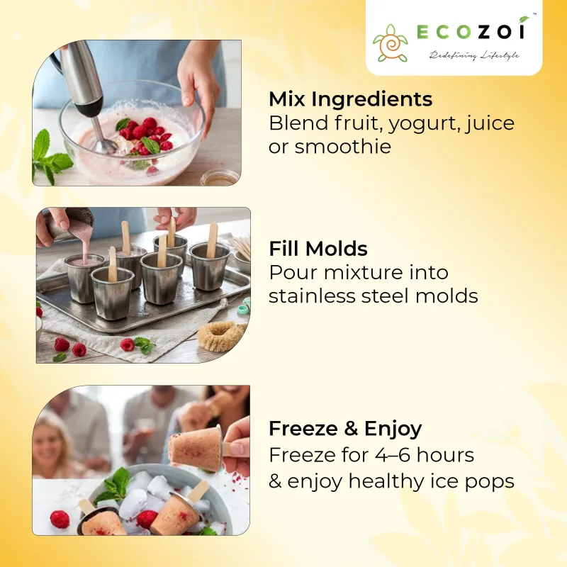 Ecozoi Stainless Steel Ice Pop Molds, 6 Mini Rounds withReusable Bamboo Sticks