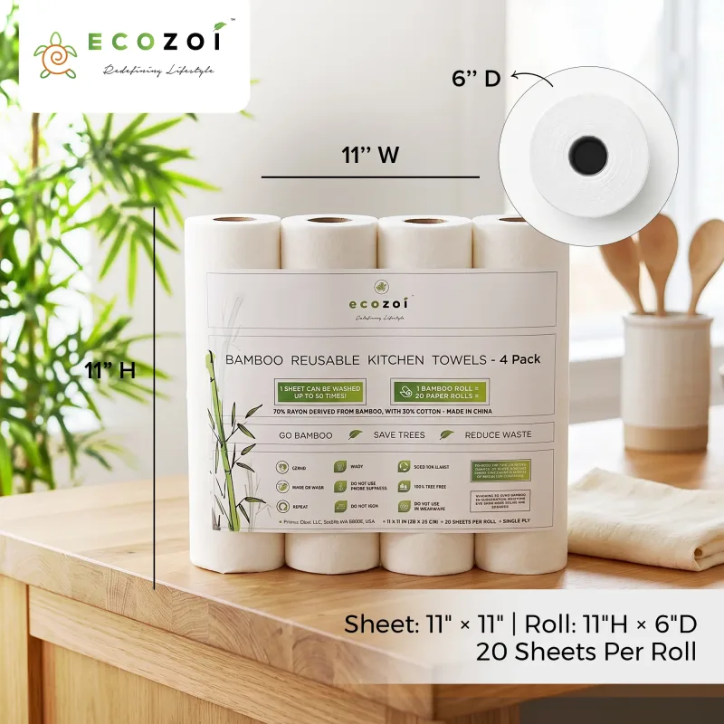 Ecozoi Bamboe Keukenpapier, Herbruikbare Papieren Handdoekjes & Rollen, Boomvrij, 4-Pack