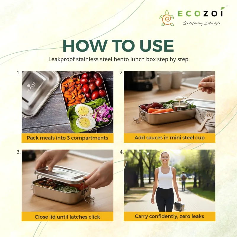 Ecozoi Stainless Steel Bento Lunch Box, 3 Compartment Tiffin Containers, Leakproof, 50 Oz
